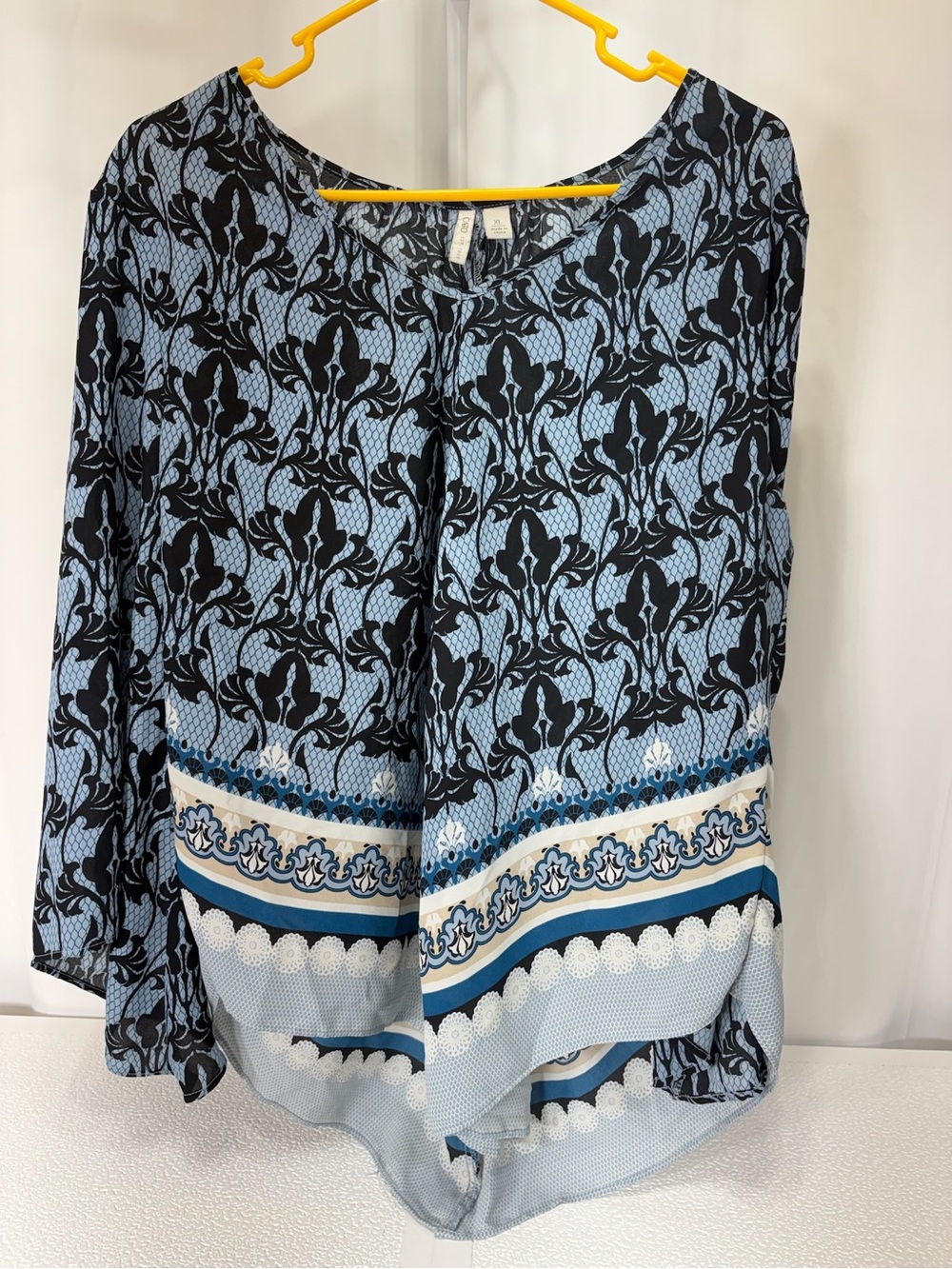 Cato Light Blue and Black Floral Border-Hem Blouse 4209